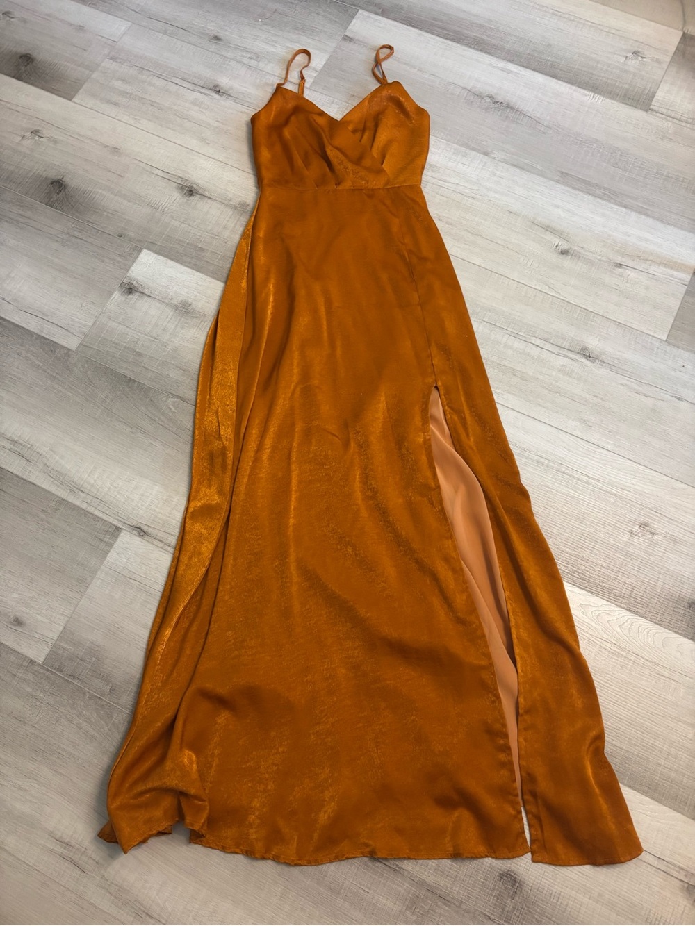Lulus Burnt Orange Satin Maxi Dress High Slit Formal Gown XXS - Picture 5 of 11